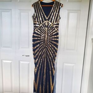 Black With Gold Sequin Flapper Styled Dress Stretchy